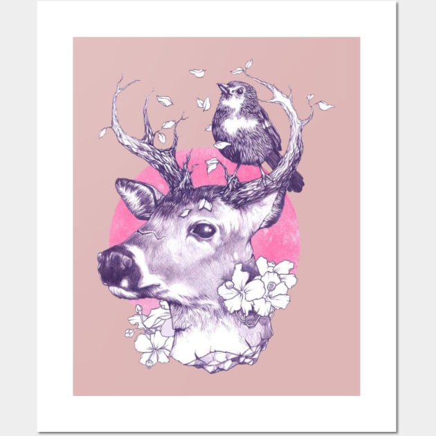 Deer With Flowers Wall Art by Honu Art Studio